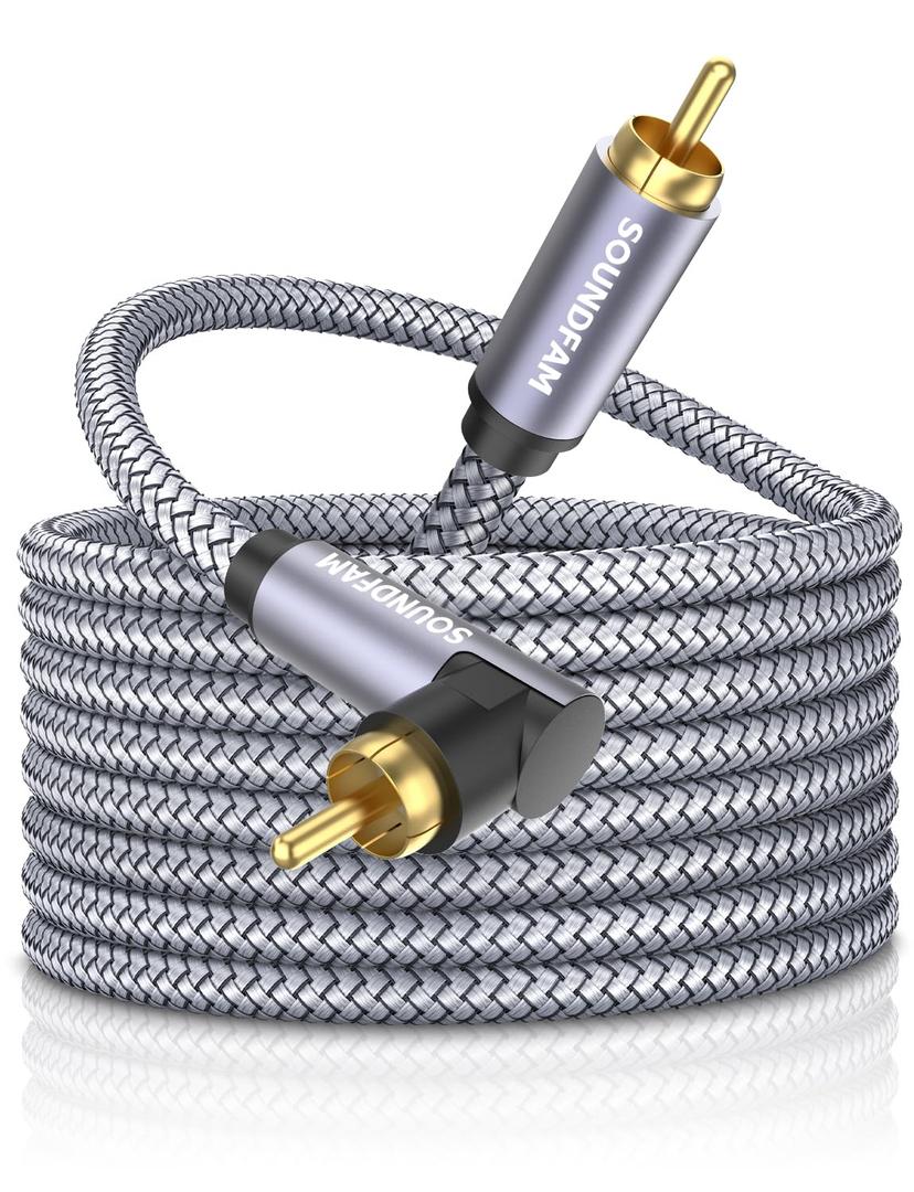 90 Degree Subwoofer Cable 20ft/6M,Right Angle RCA Cable Male to Male for SubwooferAmplifier-Grey