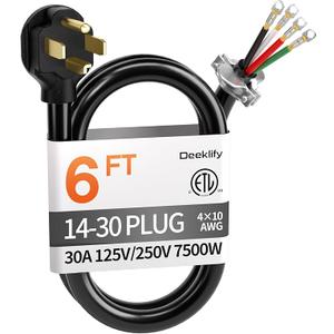 Deeklify 6 ft 4 Prong Dryer Cord, 30Amp 10 Gauge Dryer Power Cord Replacement,Pure Copper 4Wire Extension Cord with NEMA 1430P Plug and ORing Terminals, 250V 7500W, ETL Listed, Black STW