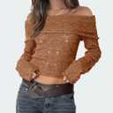Womens Off The Shoulder Hollow Out Sweaters Sexy Slim Fitted Cropped Long Sleeve Knit Tops (Petite) (S)