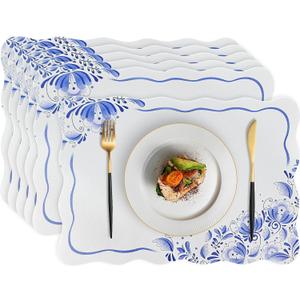Faux Leather Placemats Set of 6, 12 x 17 Inch Scalloped Blue Floral Table Mats Waterproof Oil-Proof Heat Resistant Wipeable PU Place Mats for for Kitchen, Dining, Outdoor, 18x12
