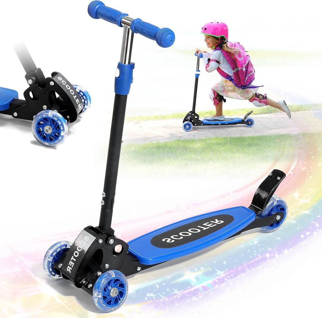 Kick Scooter for Kids 3-7 Age - Three Wheel Light Up Scooters, Lean to Steer,Foldable,Stable Dual Rear Wheels, Adjustable Height, for 3-5,5-7 Year Old Girls Boys Up to 120 Lbs (Blue)