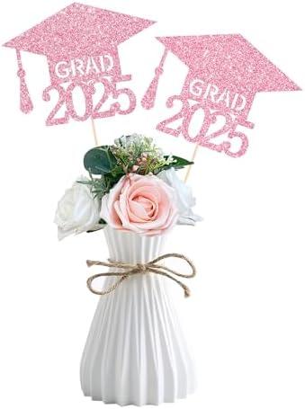 Class of 2025 Graduation Centerpieces for Tables, 2025 Graduation Glitter Double-Sided Cap Table Decorations Party Centerpiece Sticks Table Topper Party Favors Supplies(10 PCS, Pink) 3 Pack