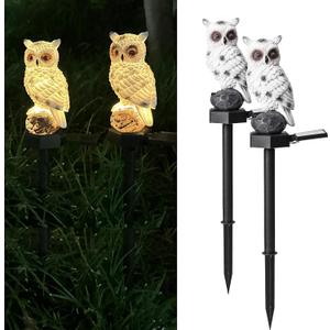 Garden Owl Solar Light, 2 Pack Resin Owl Statue, Waterproof Owl Figurines on Stake for Outdoor Garden Pathway to Scare Birds Away, Gifts for Owl Lovers