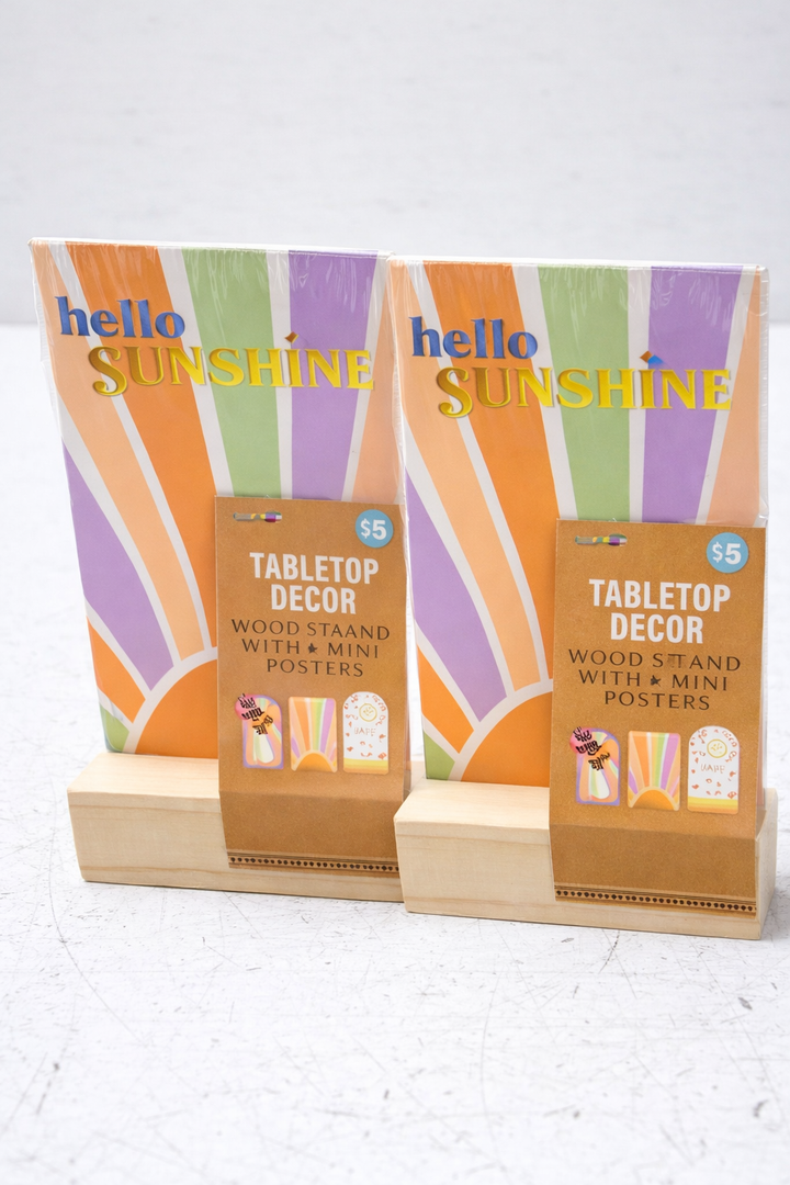 HELLO SUNSHINE TABLETOP DECOR WOOD STAND WITH 6 MINI POSTERS (4 Pack)