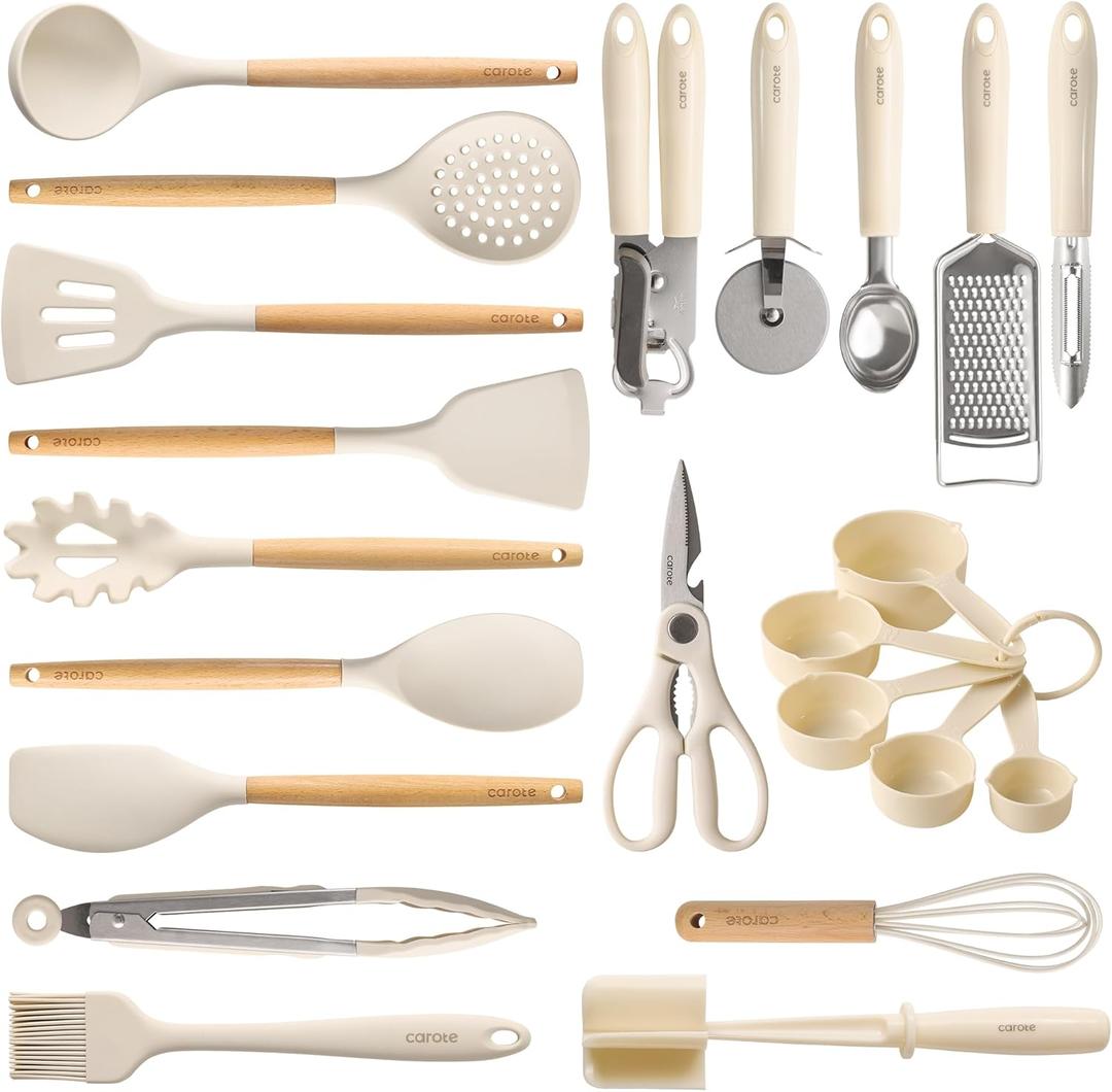 CAROTE 22pcs Silicone Cooking Utensils Set, 446F Heat Resistant Kitchen Utensils Gadgets Set, Spatula, Turner, Whisk, Tongs (Cream White)