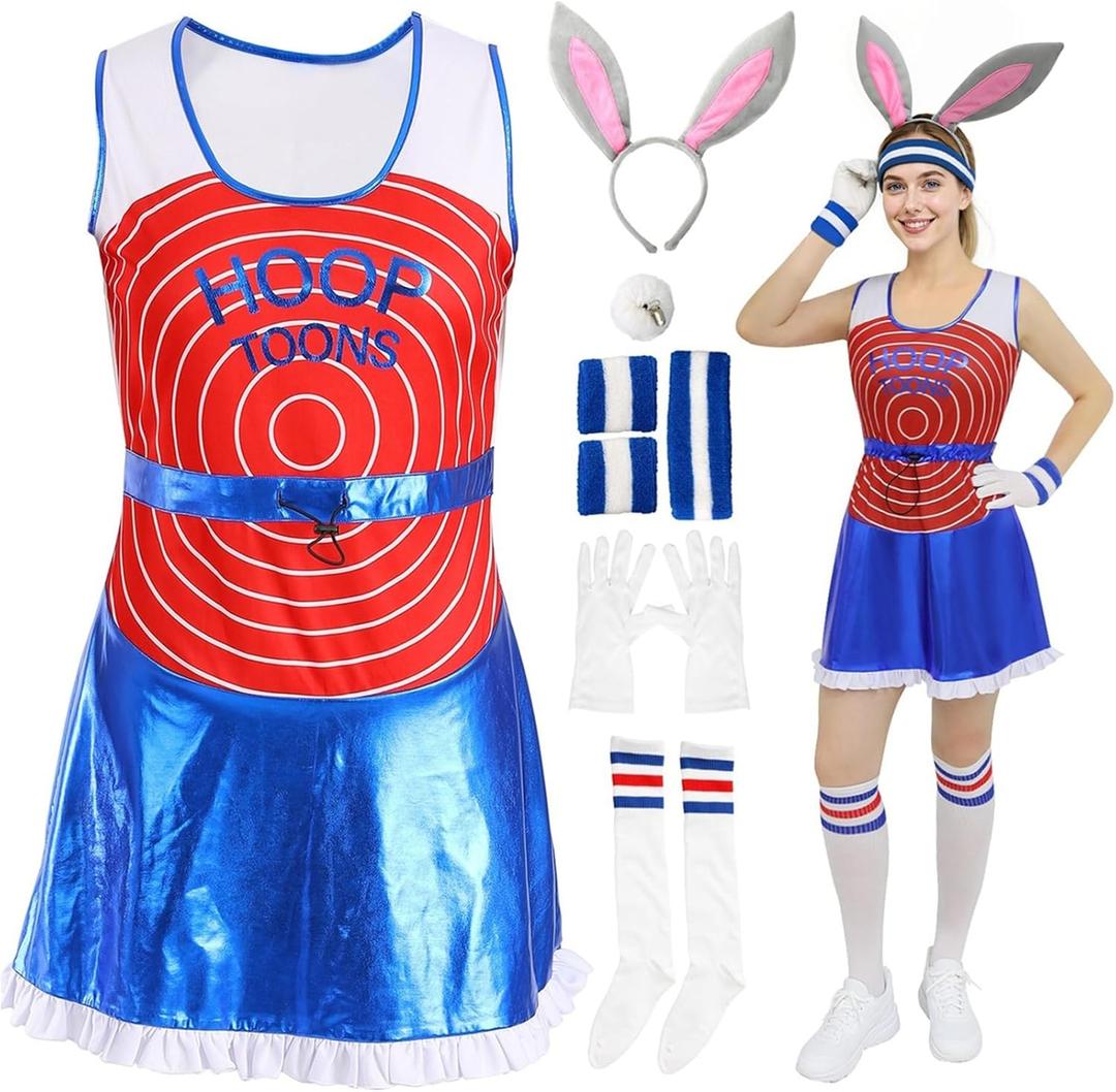 7PCS Womens Halloween Bunny Basketball Jersey Set-with Skort,Gloves, Headband, Wristbands, Socks, Hair Hoop & Tail (M)