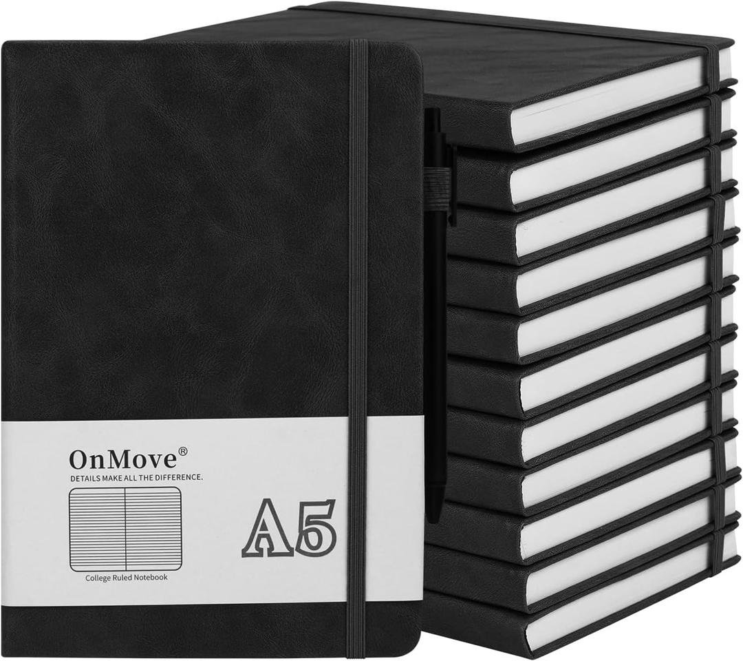 Notebooks Journal for Women Men 12 Pack Bulk Leather Hardcover with Pen Holder A5 160 Pages 100 GSM Thick Paper for Work School Lined Black