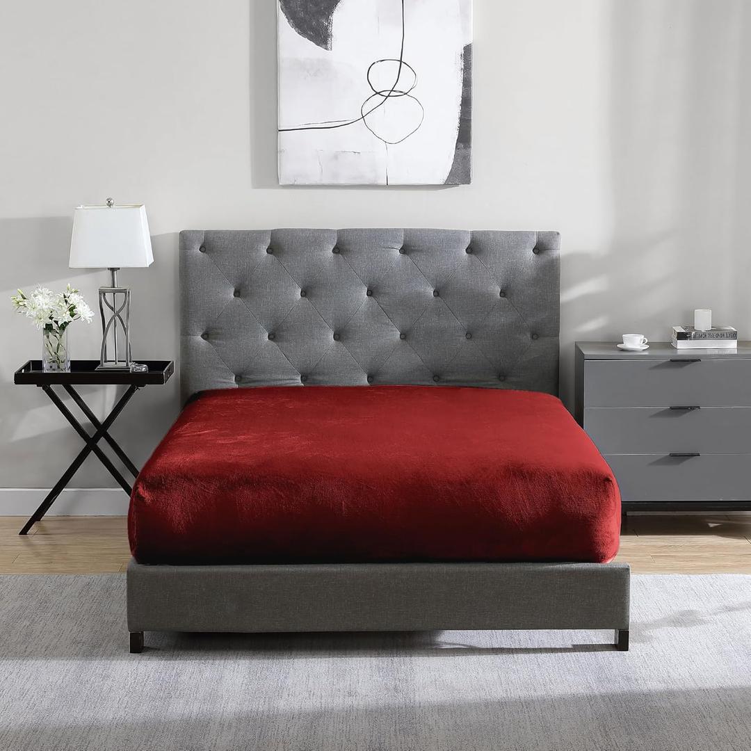 Cathay Home Queen Plush Fur Fitted Sheet - Ultra Soft & Thick Plush Fur - All Season Cozy Warmth - 12" Deep Pocket Fitted Sheet Only (Queen, Burgundy)