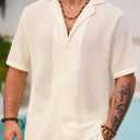 Mens Crochet Shirts Summer Fashion Knit Mesh Button Down Casual Cuban Top (S-XXL) (Beige, XL)