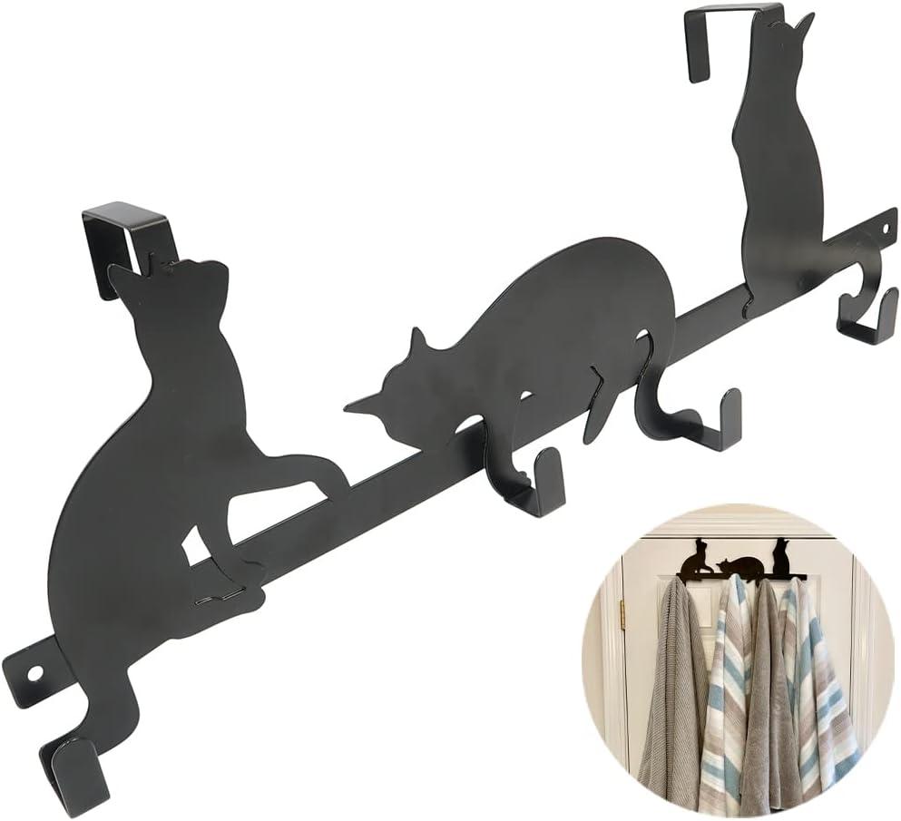 Evelots Over The Door 4 Hook Towel/Coat Rack Hanger Organizer, Kitty Cat Design-Easy No Tool Installation-Black Iron-Holds 20 lbs.