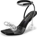 DREAM PAIRS Stiletto Bow Heels for Women Strappy Sparkly Rhinestone Square Toe Clear Crystal High Sandals for Party Wedding, Size 8.5,Black-Pu,SDHS2481W