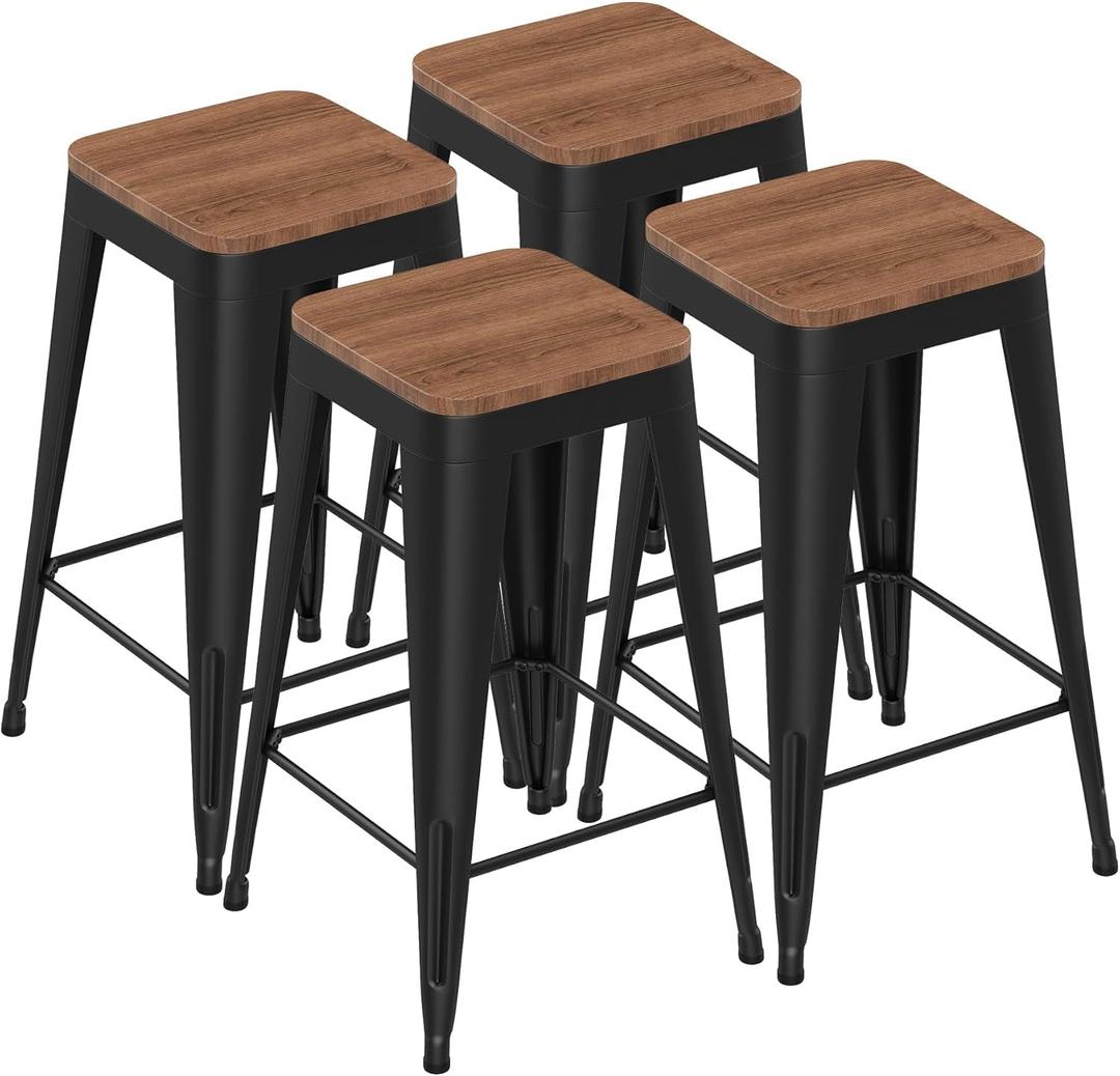 Barstools Set of 4 Black Metal Bar Stools Industrial Modern Bar Chairs with Wood Top for Kitchen Island Counter Height Cafe Resturant Stools, 26 inch (26 inch Counter Height, Black Without Back)