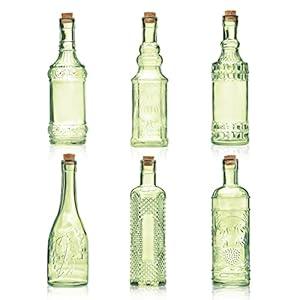 BULK PARADISE Assorted Green Glass Bottles with Corks, 6 Pack, 2.5in X 9in, 16oz