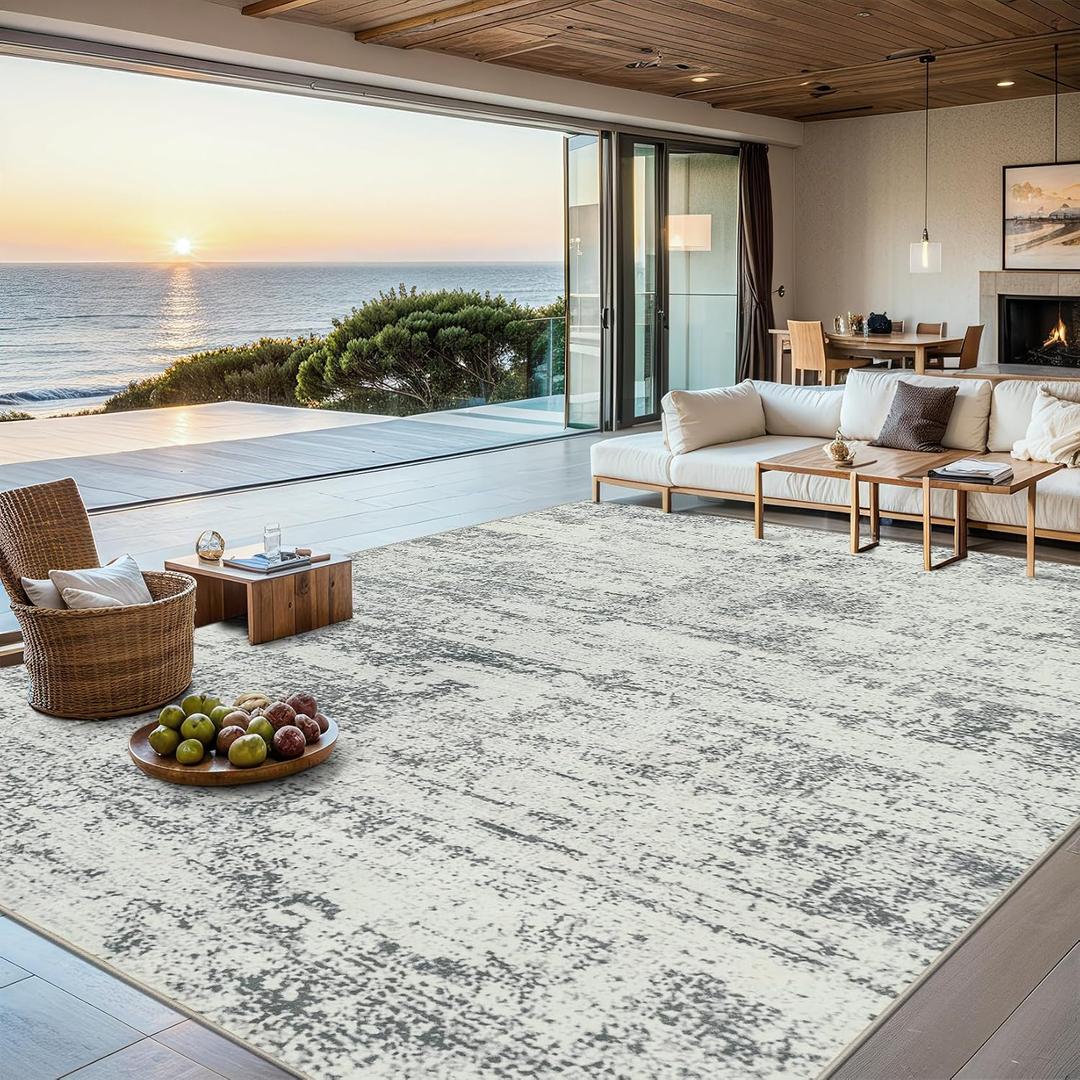 8x10 Area Rugs for Living Room - Washable Rug Modern Abstract Soft Large Neutral Non-Slip Carpet Indoor Floor Stain Resistant Thin Carpets for Bedroom Dining Room Farmhouse Nursery Home Office Grey