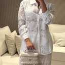 CHICME Womens Textured Two Piece Outfit Set Elegant Button Down Long Sleeve Shirt and Loose Wide Leg Pants Set (White, M)