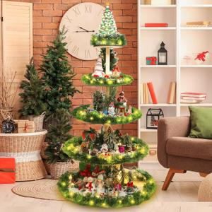 Barydat Christmas Tree Village Christmas Bookshelf Display Supplies Ornament Display Tree Stand Wooden Holder for Holiday Display(5 Tier 59 Inches)