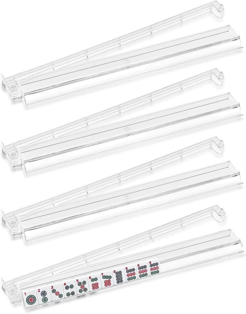 Mahjong Racks with Pushers Set of 4, 18.5'' Clear Plastic American Mahjong Tile Racks, Mah Jongg Accessories Gifts for Mj Enthusiast, 18.5 inches x 3.15 inches