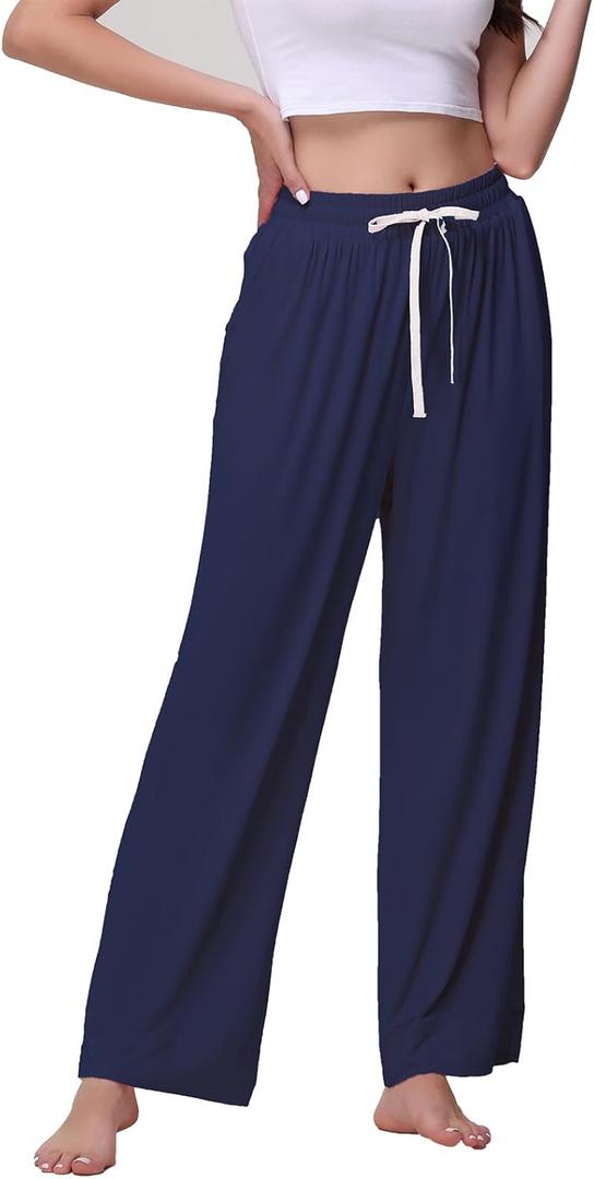 Veseacky Women's Comfy Stretch Drawstring Wide Leg Lounge Casual Pants Pajamas Bottoms Dance with 2 Pockets XL (Navy Blue)