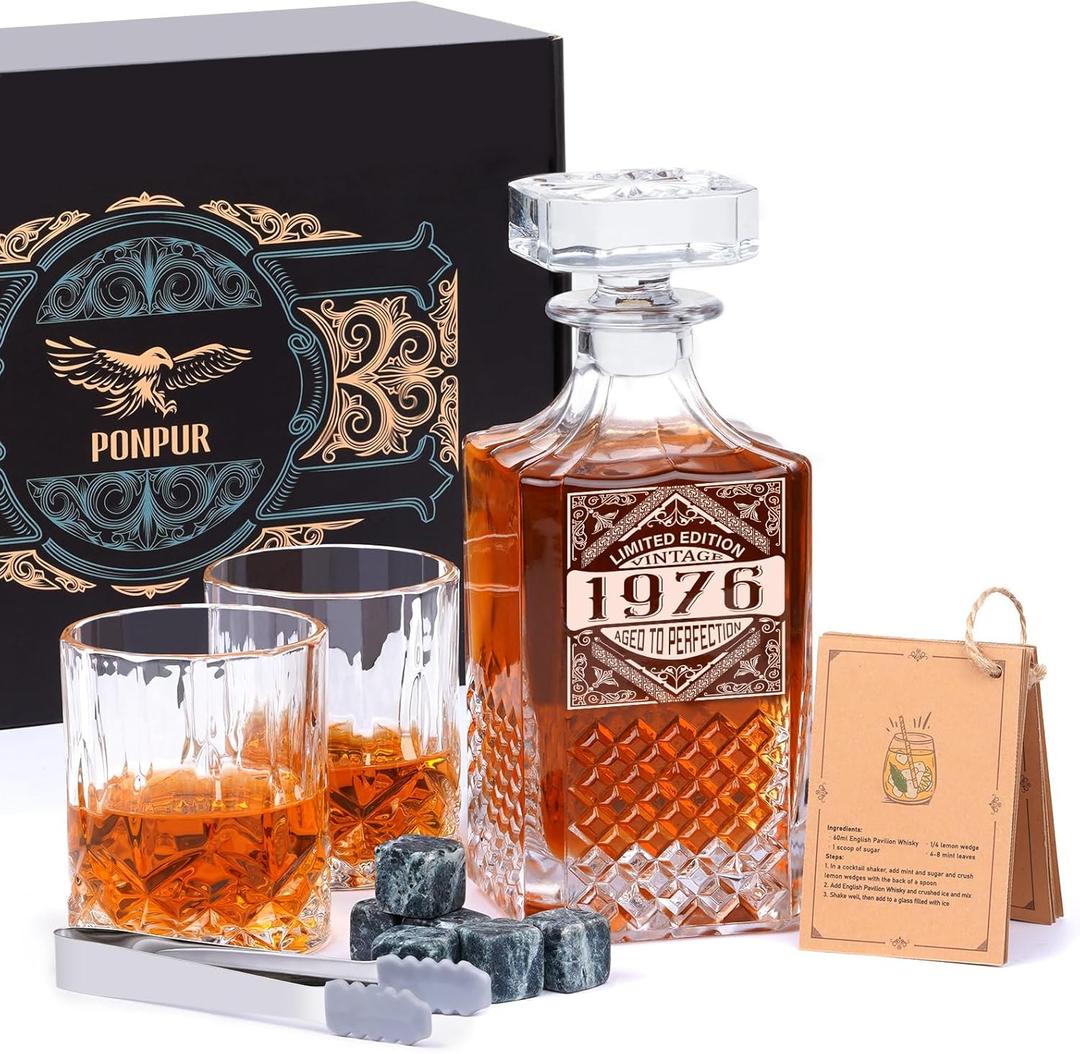 PONPUR 50th Birthday Gifts For Men Dad, 1976 Laser Whiskey Decanter Set with Gift Box, Anniversary Birthday Gift Ideas for Him Husband, 50 Years Bday Decorations, Whiskey Glasses & Whisky Stones Inc.