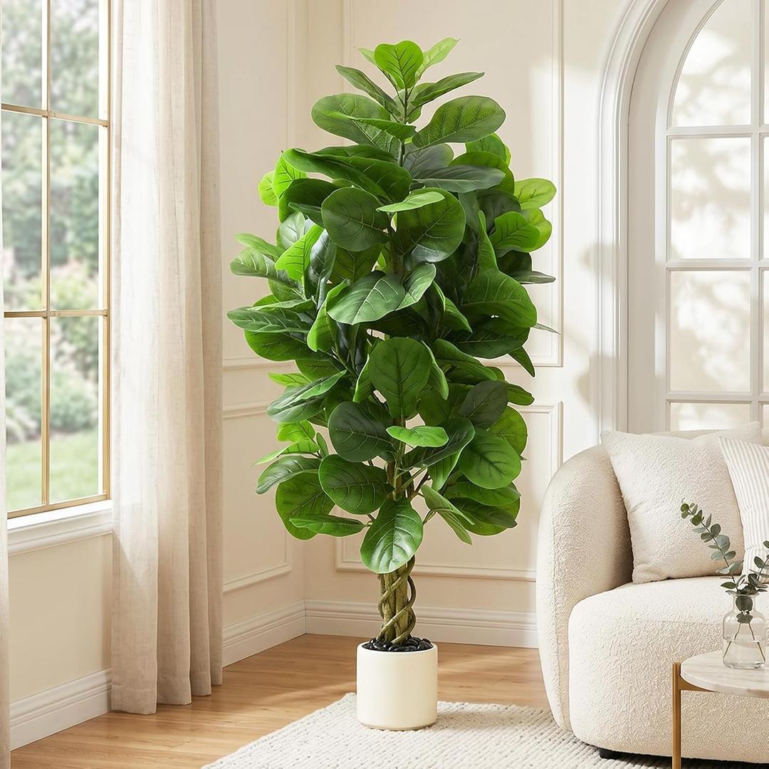 Artificial Fiddle Leaf Fig Tree 5FT, Large Fake Tree in White Pot, Artificial Plants Indoor with Pebble, Realistic Green Lush Faux Fig Trees Lyrata Plants for Home Office Room Porch Decor