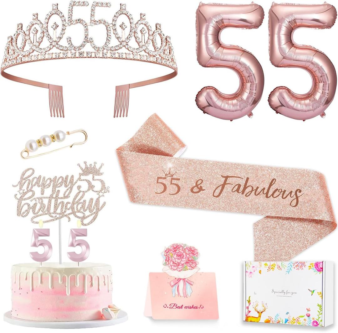 55th Birthday Decorations for Women, 55th Birthday Sash and Crown, Cake Topper, Number Candles and Balloons,, 55 Year Old Gifts for Women