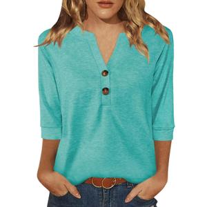 Womens Tops 3/4 Sleeve V Neck Button Down Shirts Business Casual Outfit Basic Tees Summer Top 2025 (XL)