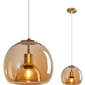 Amber Glass Pendant Lights Kitchen Island Gold Hanging Light Fixture Glass Globe Pendant Light Modern Pendant Lighting for Kitchen Island Bedroom Dining Room (9.84", 1 Pack)