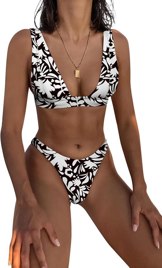 Bathing Suits for Women Deep V Neck Sexy Two Piece Bikini Sets for Women Thong Halter Cheeky Swimsuit, Small