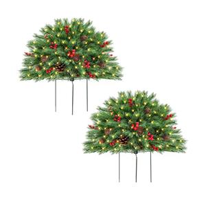 Outdoor Christmas Tree Urn Filler 2 Set, Pre-lit Artificial Flocked Xmas Tree with Cones & Red Berries, Small Christmas Tree with 70 Warm Lights (Green)