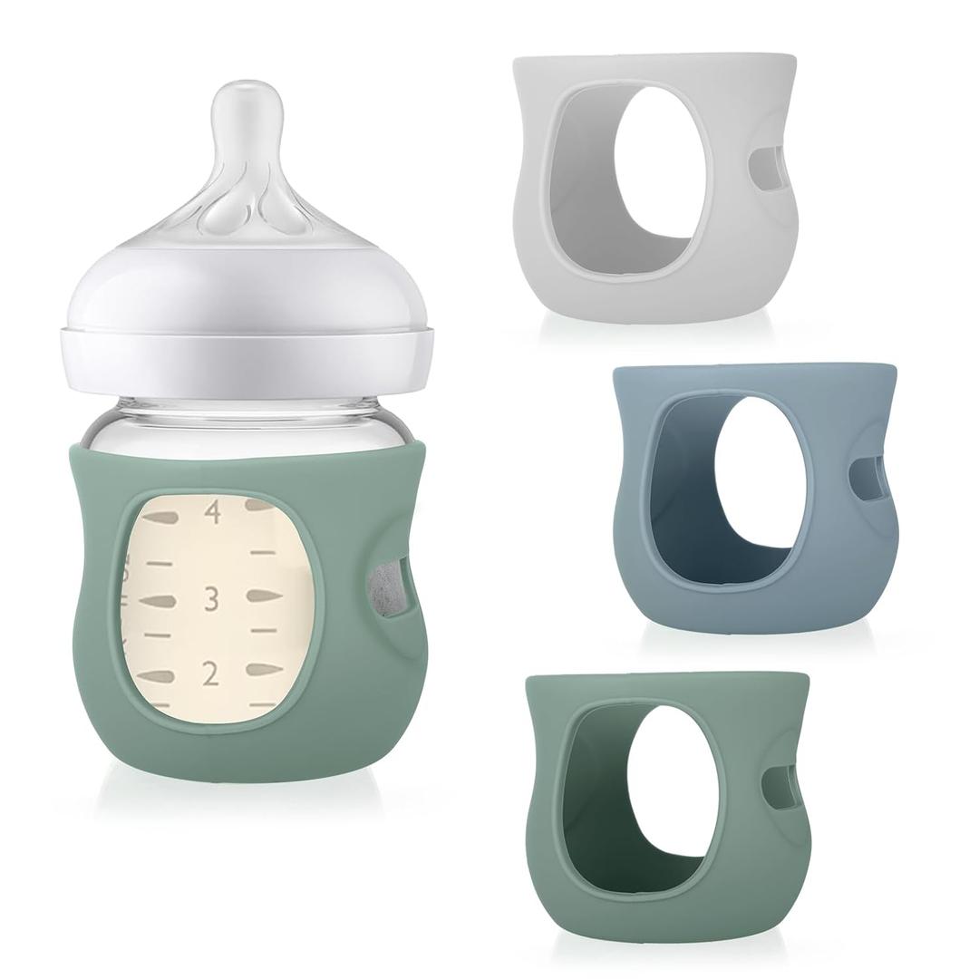 Juome Silicone Sleeves for Avent Natural Glass Baby Bottle - 3 Pack Anti Breakage Baby Bottles Holder, Compatible with Philips Avent Anti Colic Baby Bottles 4 oz (Blue+Green+White(Without Handles)