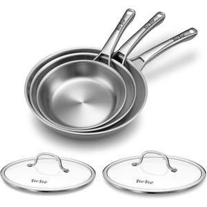 Stainless Steel Pans, Stainless Steel Cookware Set, 8/10/12 Inch with Lid, PFOA & PTFE Free Skillets, Non Toxic Chef's Pan Set, Frying Pans for Cooking, Oven & Dishwasher Safe, Induction Compatible