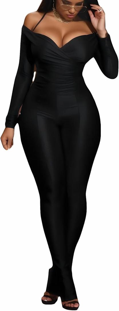 Sexy Two Piece Outfits For Women Off Shoulder Tops Flared Bodycon Pants Sets (Small, Black(no Thin Fabric))