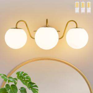 3 Lights Vintage Bathroom Vanity Light Fixtures Over Mirror, Brushed Gold Vanity Lights For Bathroom With Milk White Glass Globe Shade, Wall lights For Bedroom, Hallway, Dressing Table, G9 Bulbs