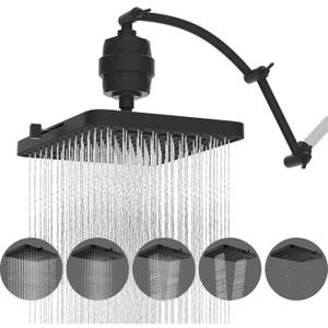Hibbent Rain Filtered Shower Head, 13'' High Pressure Rainfall 5 Modes Showerhead with 16" Shower Head Extension Arm, Solid Brass Adjustable Shower Arm Extender, 20 Stage Shower Filter, Matte Black