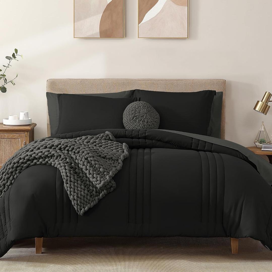 Monbix Oversized Queen Comforter Set - 7 Pieces Black Bed in a Bag Oversized Queen Bedding Sets with Comforters, All Seasons Comforter Bed Set with Sheets, Pillowcases & Shams