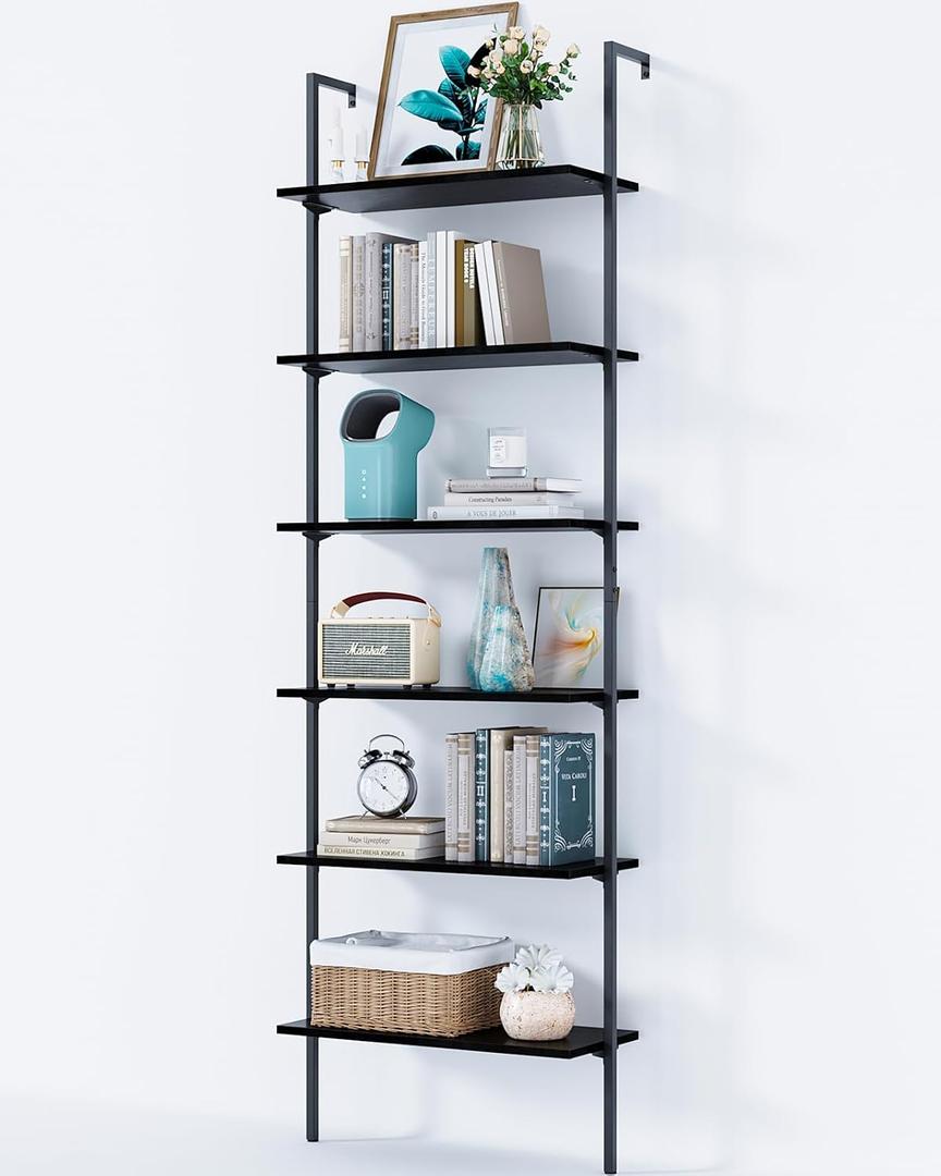 ODK 6-Tier Ladder Shelf, 87 Inches Wall Mounted Ladder Bookshelf with Metal Frame, Open Industrial Shelves for Home Office, Bedroom and Living Room, Black (12"D x 24"W x 87"H)