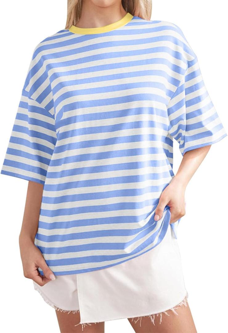 3 x Women Oversized Striped T Shirts Color Block Crew Neck Tee Shirt Short Sleeve Basic Summer Tops (Blue, M)