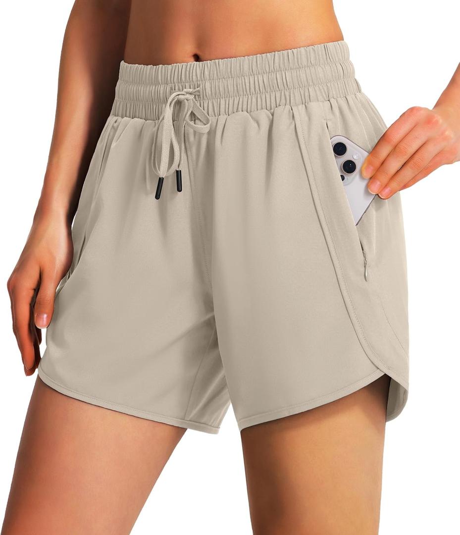 Ksmien Women's 5"/ 7" Athletic Running Shorts Quick Dry Lightweight Workout Gym Shorts with Zipper Pockets UPF 50+ Khaki L