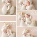 Newborn Photography Props Boys Girls Outfits Mohair Bear Hat Bonnet & Footed Romper Bodysuit Photoshoot Costume Set (White)