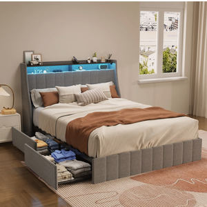 Full Size Bed Frame with LED, 4 Drawers, Wings Headboard Design, Light Grey