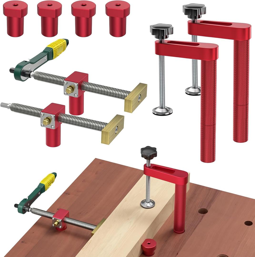 Bench Dogs Clamp Set for 3/4" 20mm) Workbench,Heavy Duty Woodworking Clamps with 4 Bench Dogs & 2 Ratchet Wrenches, Adjustable Dog Hole Clamps Workbench Accessories for Woodworking8 Pack