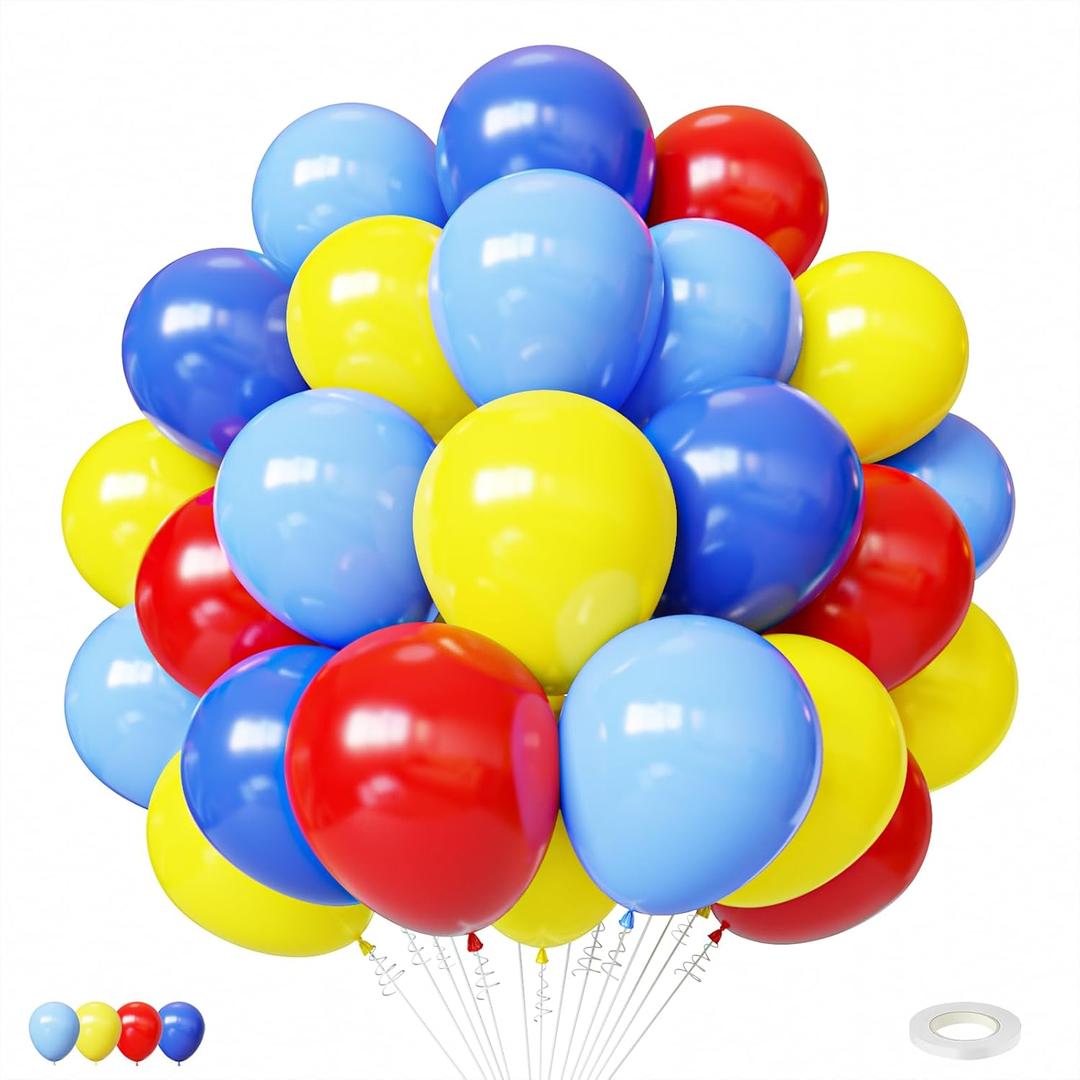 Red Blue Yellow Balloons, 60pcs 12 Inches Blue Royal Blue Red Yellow Balloons with 1 Ribbon for Birthday Baby Shower Carnival Themed Party Decorations