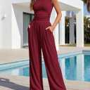 BTFBM Womens 2 Piece Outfits Spring 2026 V Neck Cap Sleeve Ruched Top Wide Leg Pants Sets Rib Knit Lounge Matching Set (Red, XL)
