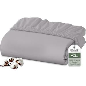 Royale Linens 100% Organic Cotton Fitted Sheet - Percale Weave - Super Soft Deep Pocket Bottom Sheets - Elastic Sheet Twin Size - Twin Fitted Sheets Only - (39"x75"+15", Silver)