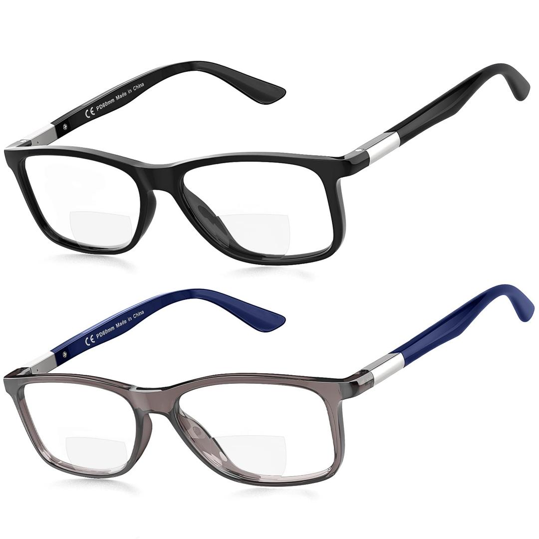 Missfive 2 Pack Classic Bifocal Reading Glasses for Men Women, Premium Metal Spring Hinge Lightweight Frame Readers, Anti Blue/UV Protection Near-Far Dual-Use Eyewear 2.25x