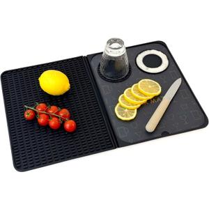 Bar Mat, Bar Accessories, Multifunctional Folding Cocktail Mat with Cutting Board, 18" X 12"(Black) Drying Mats,Bar Mat for Countertop,Bar Decorations for Home, Outdoor Bar Accessories,Travel