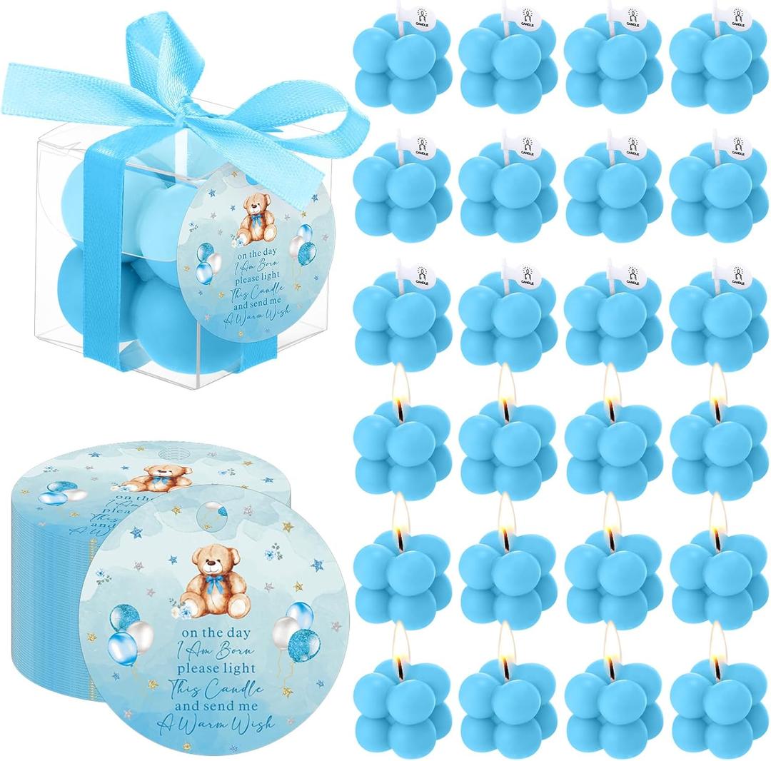 MTLEE 24 Sets Teddy Bear Baby Shower Favors Small Bubble Candle for Guests Tea Candles Bulk with Stylish Ribbons Cards Gifts Party Decoration(Blue, Teddy Bear)