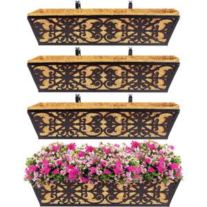 4 Pack 24 Inch Window Boxes Planters Railing Planter Box with Adjustable Brackets & Coco Liners Fabric Plant Grow Bags Deck Railing Planter Boxes Balcony Hanging Flower Box for Outdoor Plants