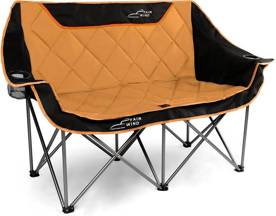 FAIR WIND Oversized Fully Padded Camping Chair Folding Loveseat Camping Couch Double Duo Chair Heavy Duty Quad Fold Arm Chair with Cup Hold - Supports 650 LBS Orange