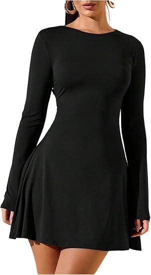 SOLY HUX Women's Long Sleeve Mini Dress Elegant Lace Up Crew Neck Work Office Dresses L